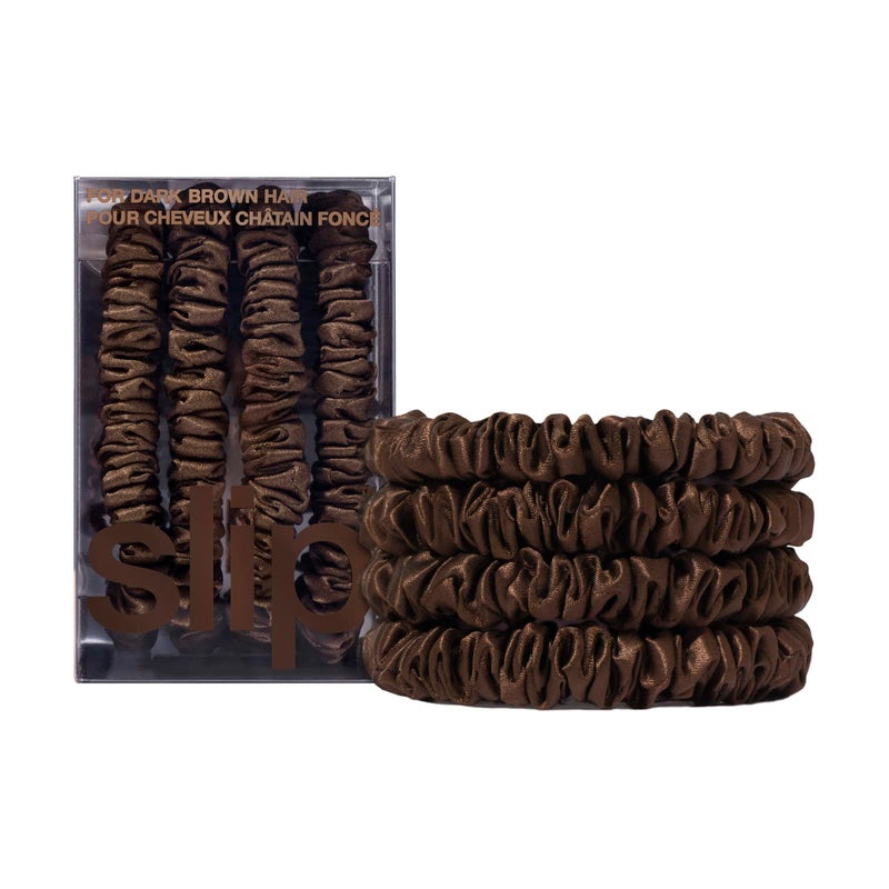 slip Silk Skinny Scrunchies  Dark Brown  Set of 4 Skinny Scrunchies  100 Mulberry Silk AntiCrease Gentle on Hair Reduces Breakage  Stylish  Durable Ideal for All Hair Types